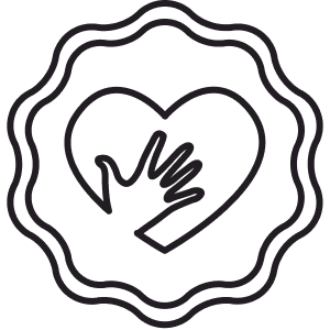 A graphic illustration of a hand within a heart with a soft zigzag circle around it.