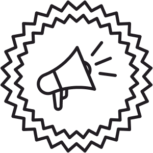 A graphic illustration of a megaphone with a zigzag circle around it.